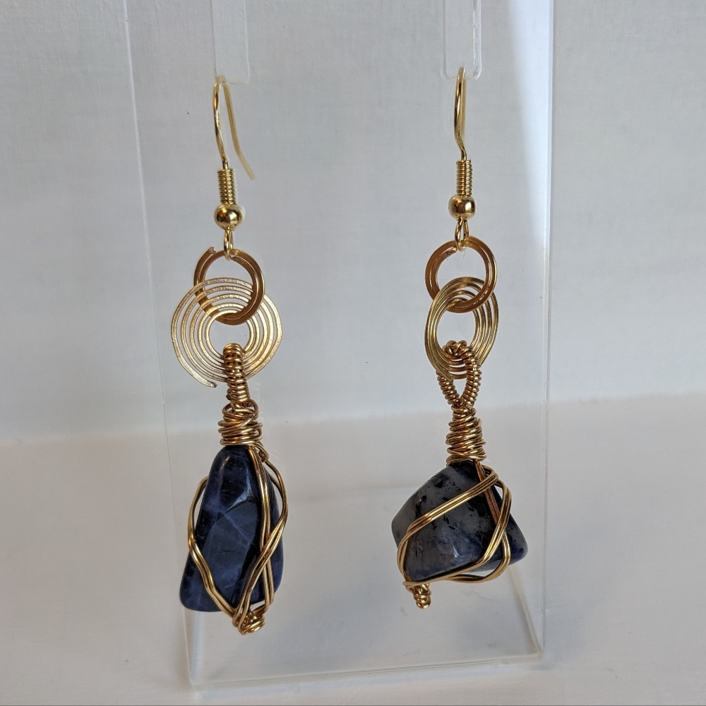 Sodalite Crystals Earrings Gold Hoops Wire Wrapped Handmade Crystals Gemstone - Picture 10 of 16